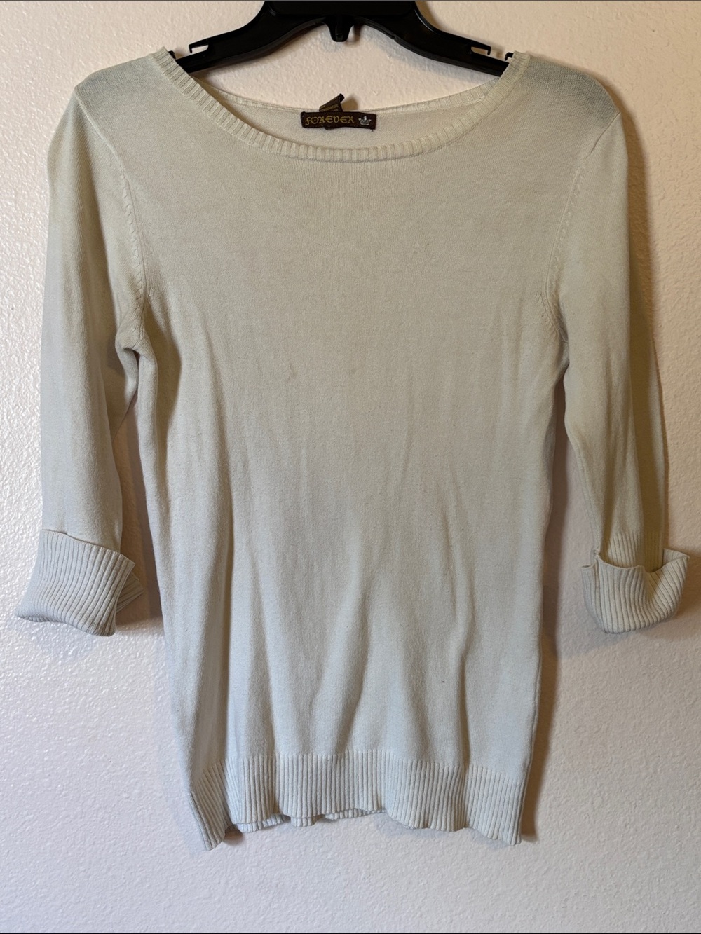 Forever 21 White Cream Knit Scoop Neck Sweater 3/4 Cuffed Sleeves